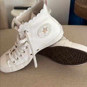 Converse All Star White and Gold High-Top Sneakers with scalloped edges